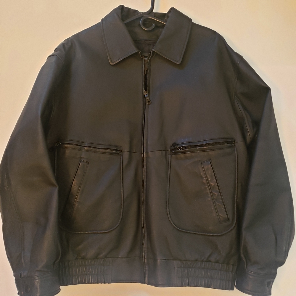Men's black leather jacket.